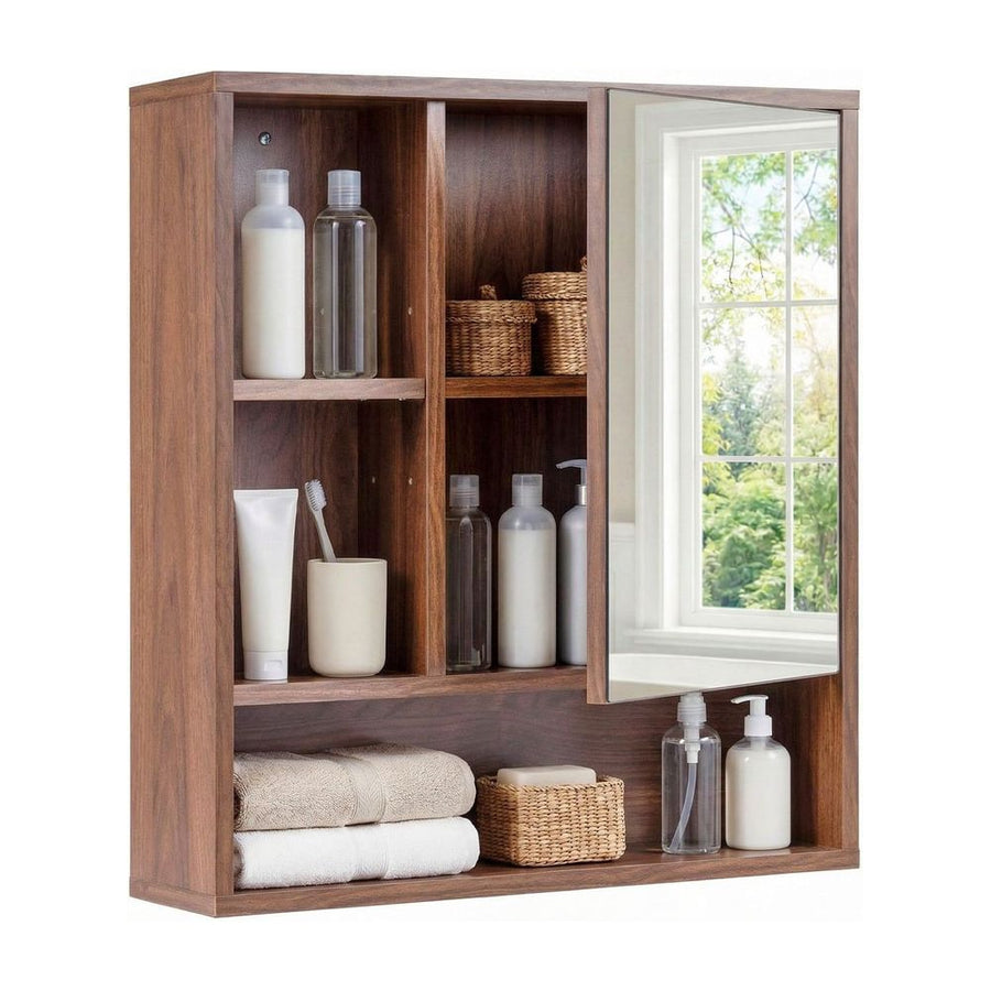 Wall Mounted Storage Organizer with Mirror for Bathroom-Brown
