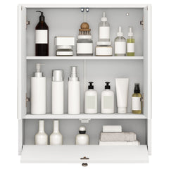 The wall cabinet filled with various toiletries and folded towels on the shelves