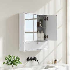 The wall cabinet mounted above a bathroom sink with the side door open