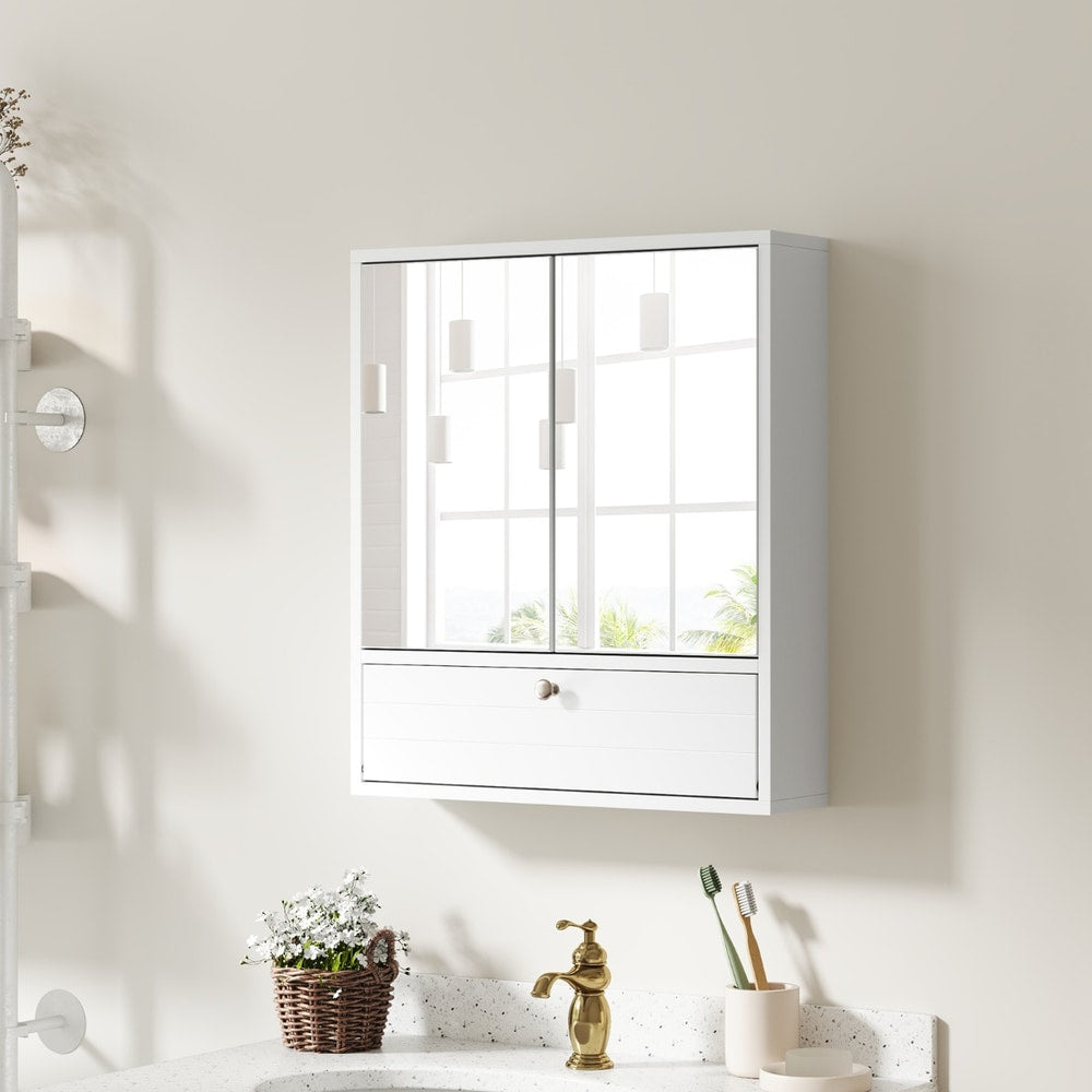 The wall cabinet with mirrored doors closed, mounted on a plain wall