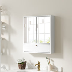 The wall cabinet with mirrored doors closed, mounted on a plain wall