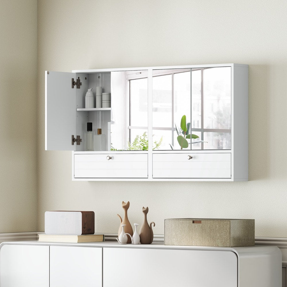 The wall cabinet featuring double mirrored doors and two flip-down compartments