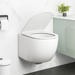 The wall hung toilet bowl with the lid open, shown in a bathroom setting