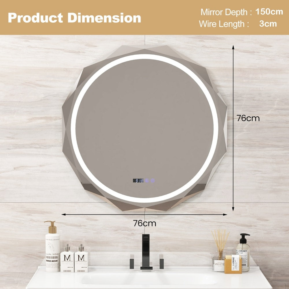 The circular bathroom mirror showing technical dimensions with arrows on a tiled background