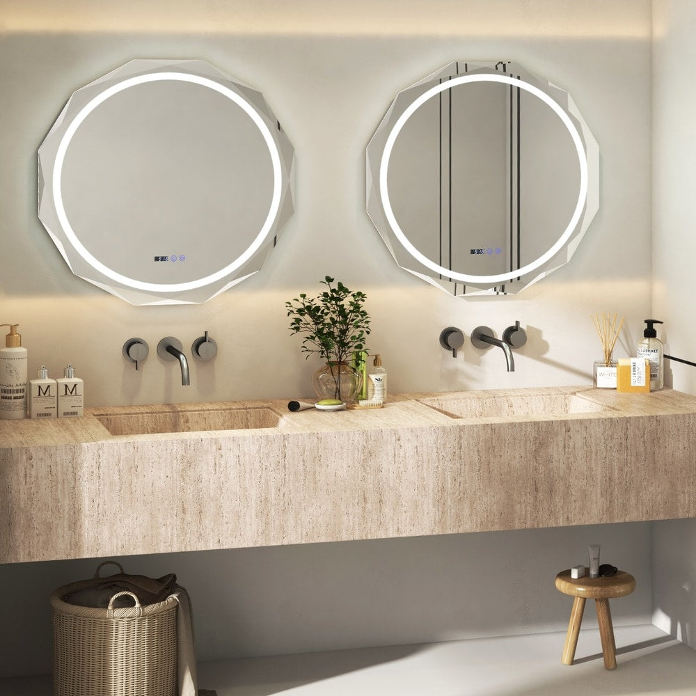 Two identical illuminated bathroom mirrors mounted side by side above a double sink unit
