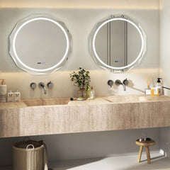 Two identical illuminated bathroom mirrors mounted side by side above a double sink unit