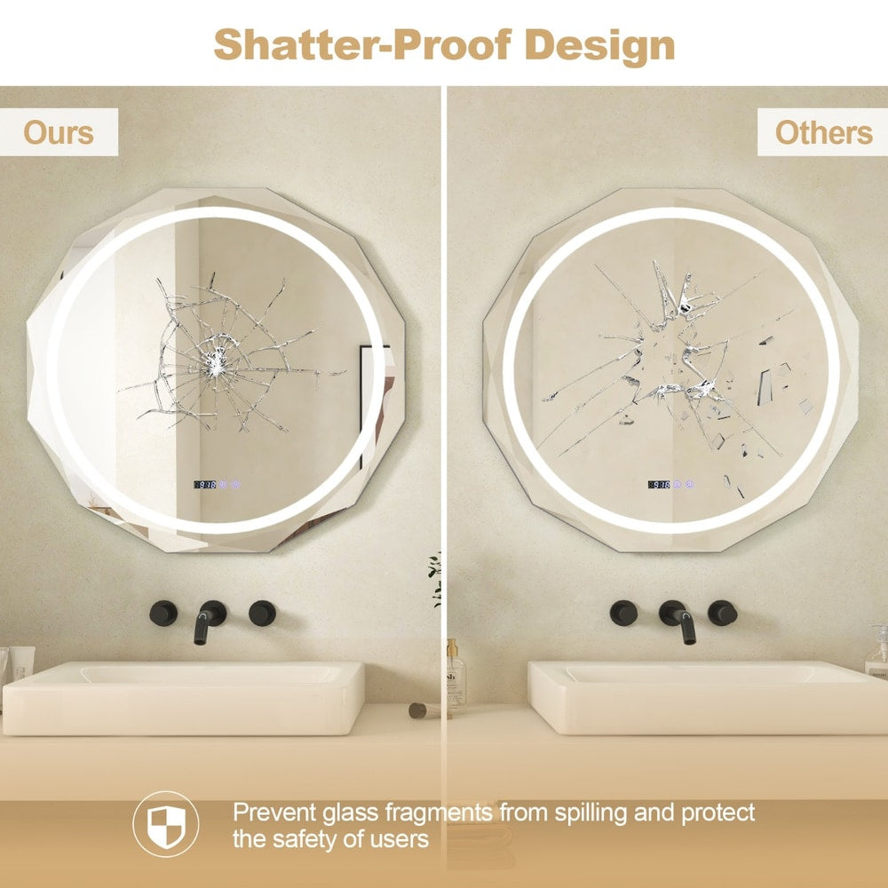 The bathroom mirror showing a comparison of shatter-proof glass safety features