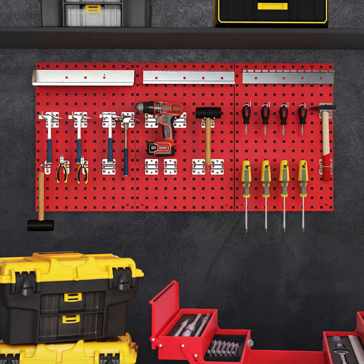 Wall-Mounted Pegboard Tool Organizing Kit with 28 PCS Hanging Accessories-Red