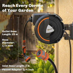 Outsunny 23+2m Retractable Hose Reel Wall Mounted with Auto Retraction, Self-Locking, Slow Return System, 12-Pattern Nozzles