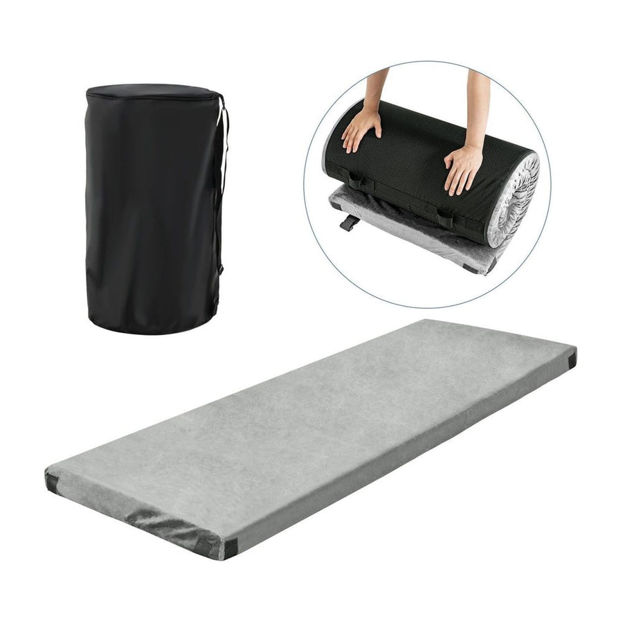 Waterproof Roll up Lightweight Memory Foam Camping Mattress shown flat and being rolled for storage
