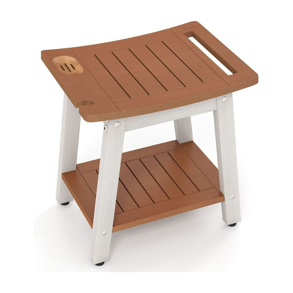 Waterproof Shower Bench Seat with a brown slatted top and white legs on a white background