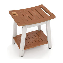 Waterproof Shower Bench Seat with a brown slatted top and white legs on a white background