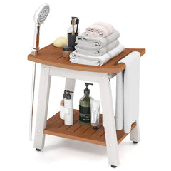 The shower stool with a handheld shower head attached to the side and toiletries on top