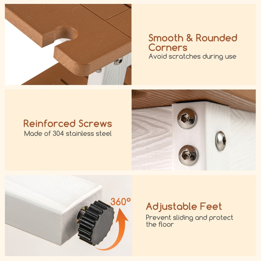 The shower stool showing close-ups of rounded corners, metal screws and adjustable feet