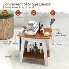 The shower stool with labels pointing to the towel bar, storage shelf and soap holder