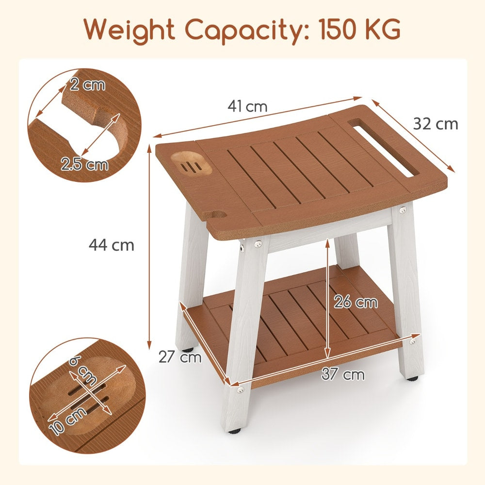 The shower stool with technical diagrams showing dimensions and weight capacity