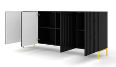 The black sideboard cabinet with doors open showing shelves