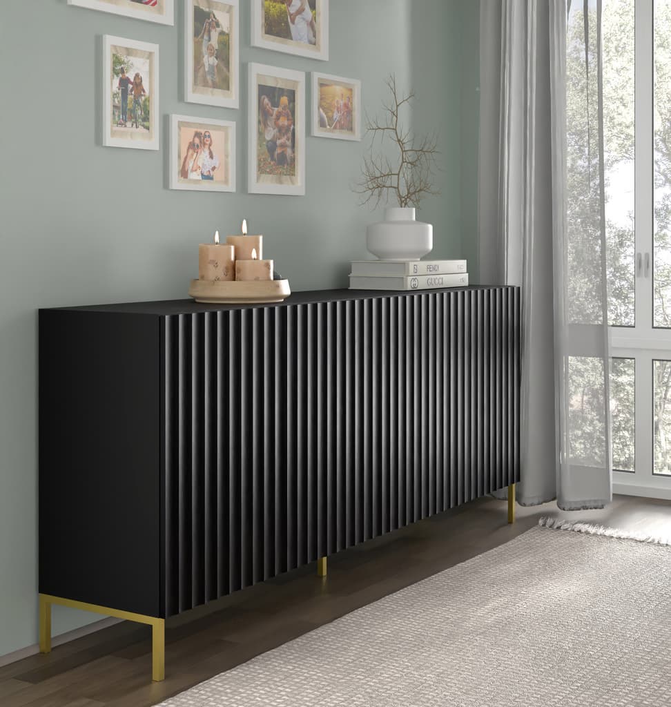 Black sideboard cabinet in a living room setting