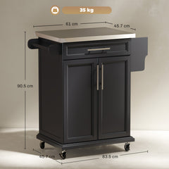 HOMCOM Wooden Kitchen Island on Wheels, Serving Cart Storage Trolley with Stainless Steel Top, Drawer, Side Handle and Rack, Black