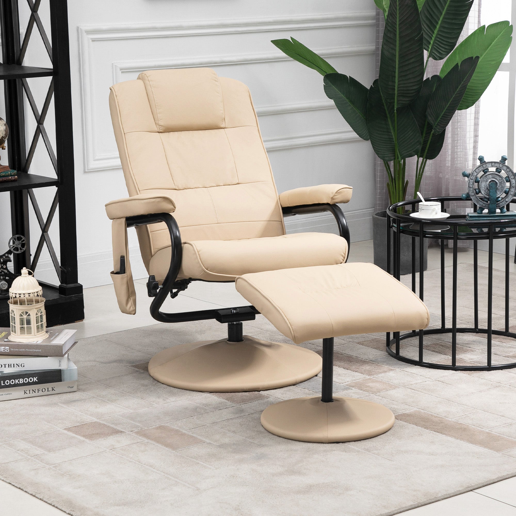 HOMCOM Swivel Recliner Chair and Footstool, Faux Leather Massage Recliner Armchair with Remote Control and Round Wrapped Base, Cream