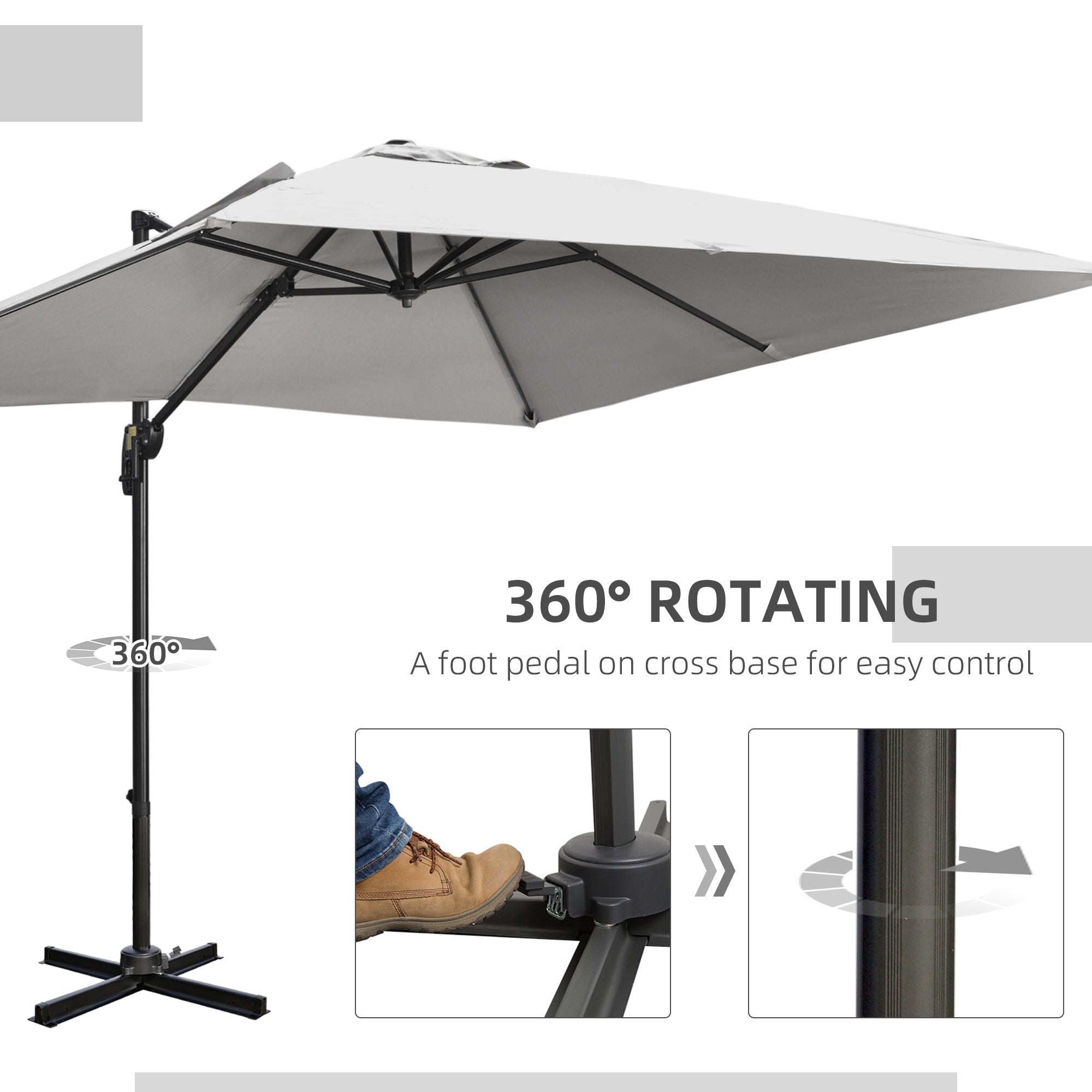 Outsunny 2.7 x 2.7 m Cantilever Parasol, Square Overhanging Umbrella with Cross Base, Crank Handle, Tilt, 360 degrees Rotation and Aluminium Frame, Grey