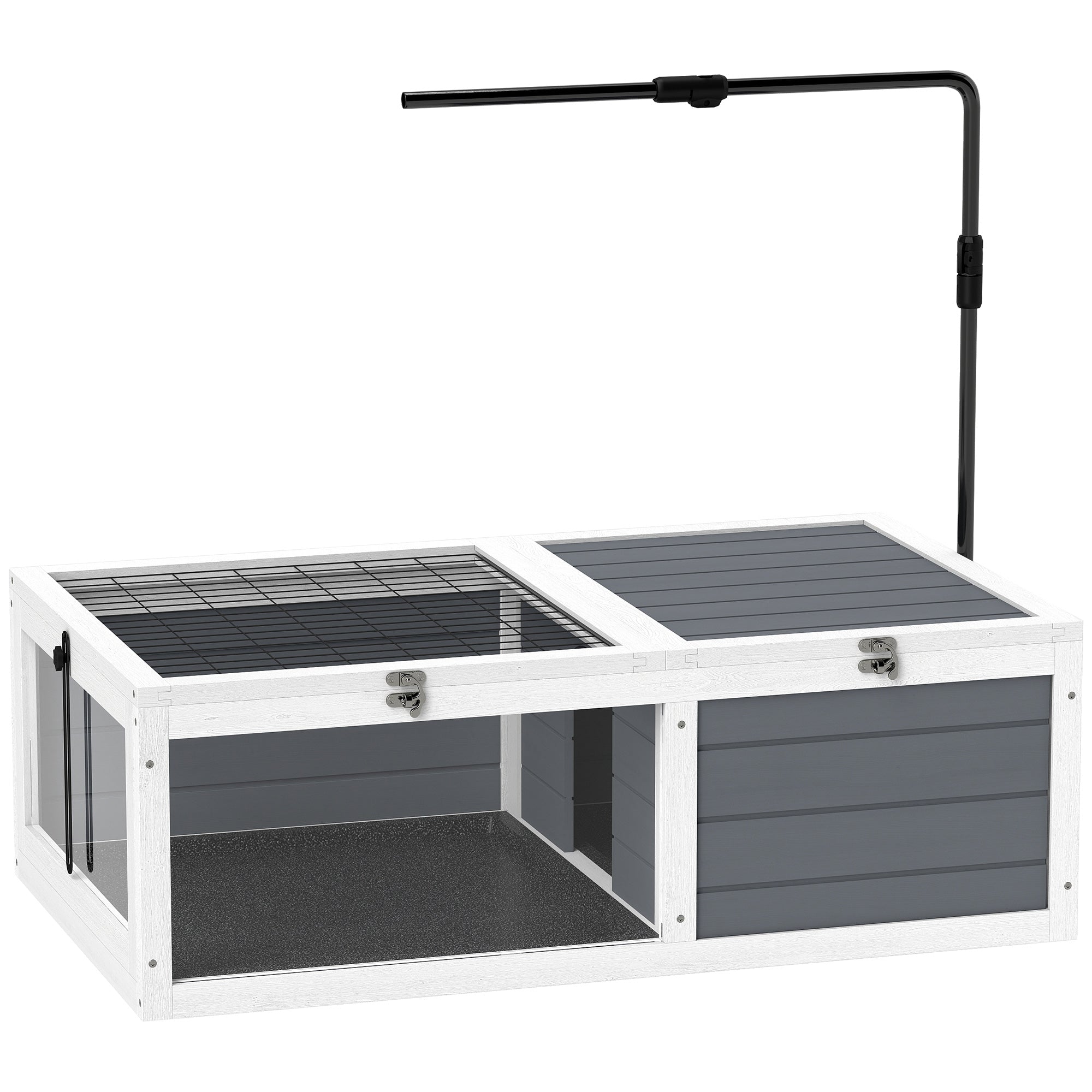 PawHut Tortoise Table with Adjustable Lamp Holder, Wooden Tortoise House w/ Openable Lids, Pull-Out Trays - Grey