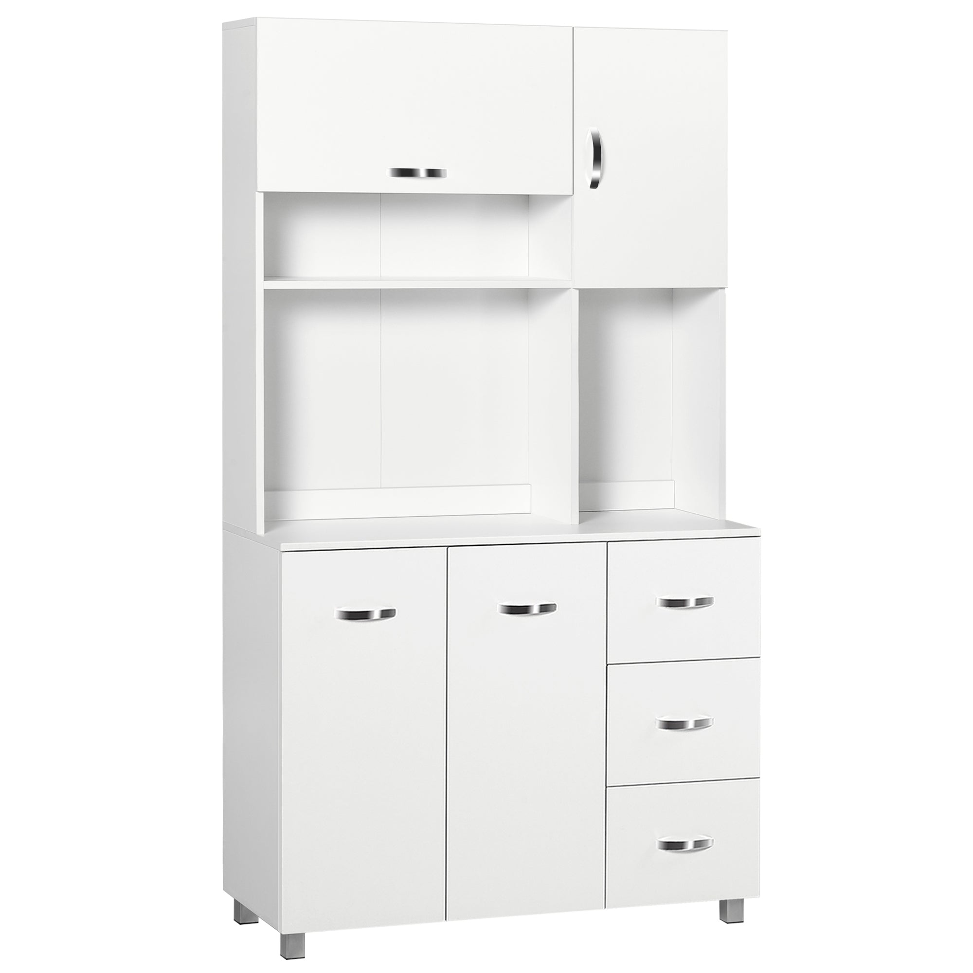 HOMCOM Kitchen Cupboard, 183cm Tall Storage Cabinet with Countertop, Sideboard with 3 Small Drawers, Flip Up Top Door, 3 Cabinet Doors and Open Shelves, 100W x 39.5D x 183.5H cm, White