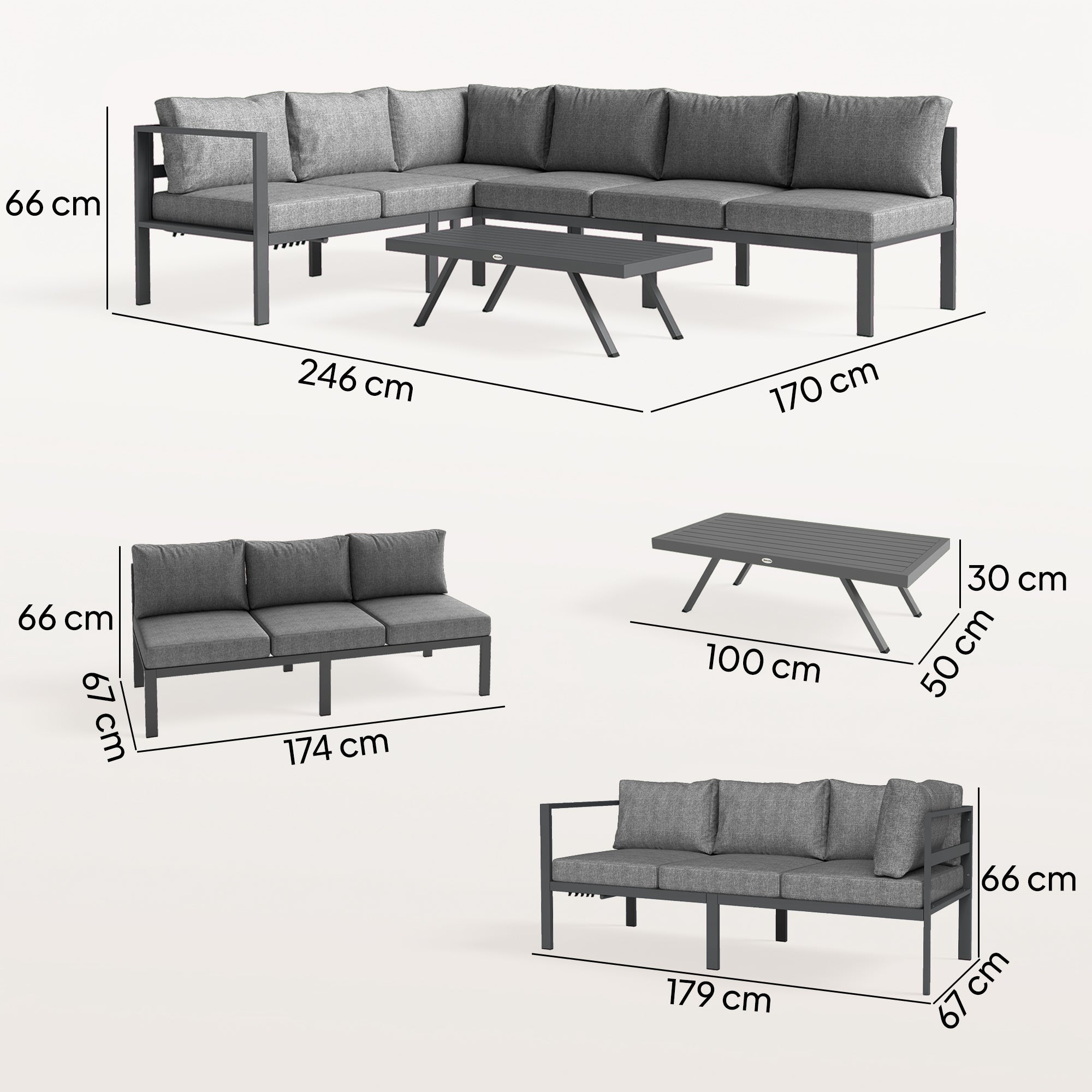 Outsunny 3 Pieces Garden Furniture Set, Aluminium Corner Lounge Set with Adjustable Backrest and Coffee Table