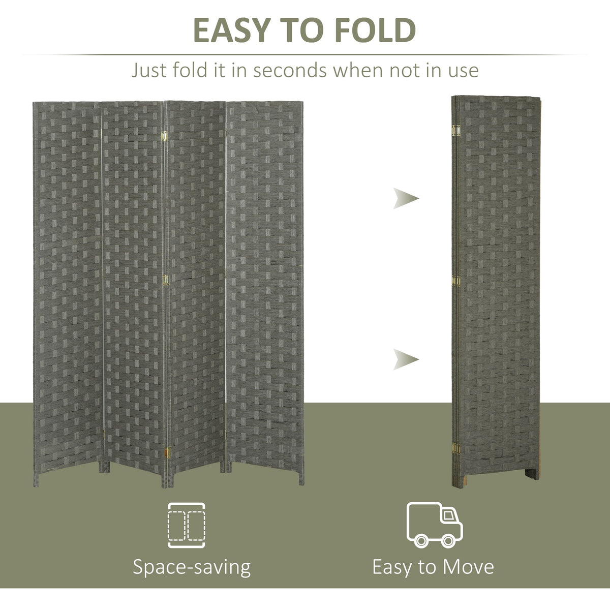 HOMCOM 4-Panel Room Dividers, Wave Fibre Freestanding Folding Privacy Screen Panels, Partition Wall Divider for Indoor Bedroom Office, 170 cm, Grey