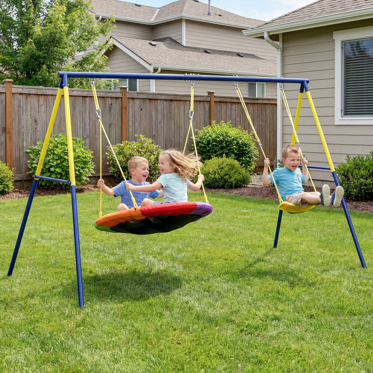AIYAPLAY Kids Swing Set with Double Swings, Outdoor Playset with Adjustable Ropes, Metal Frame for Ages 3-8, 150kg Capacity