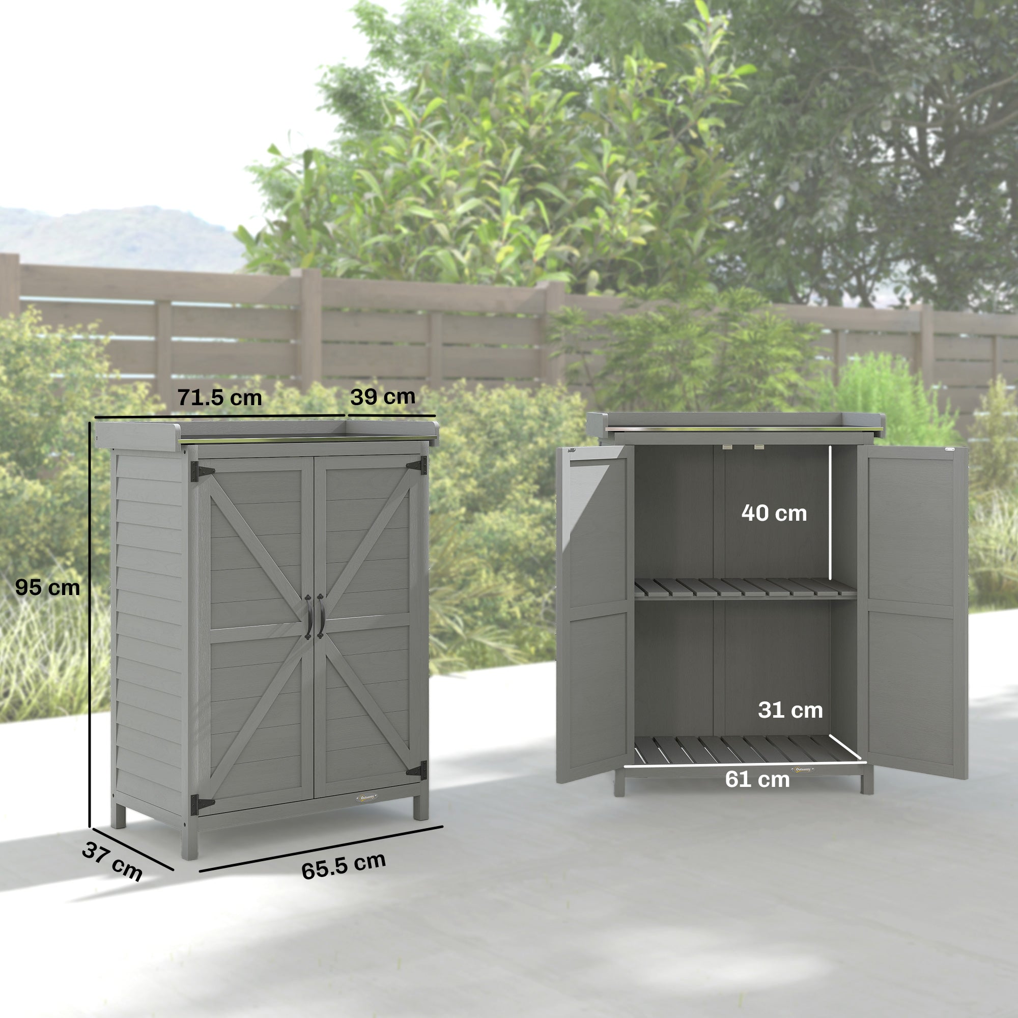 Outsunny Wooden Garden Shed, Garden Tool Storage Shed with Shelf and Side Hooks, 71.5 x 39 x 95 cm, Grey