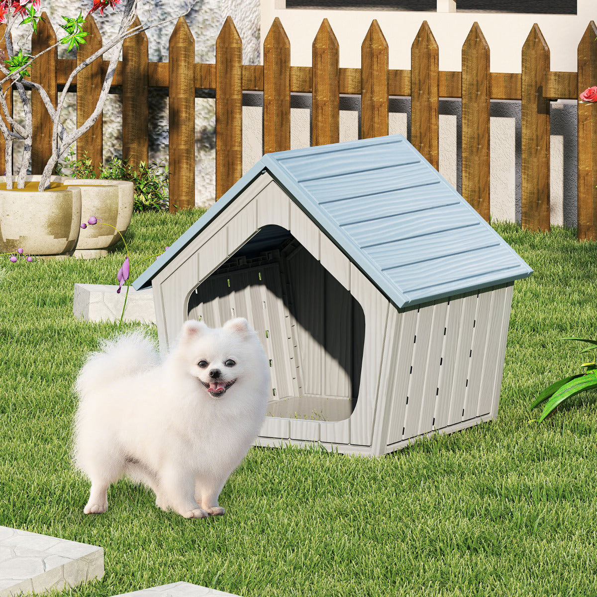 Weatherproof Plastic Cat House with Air Vents-Blue
