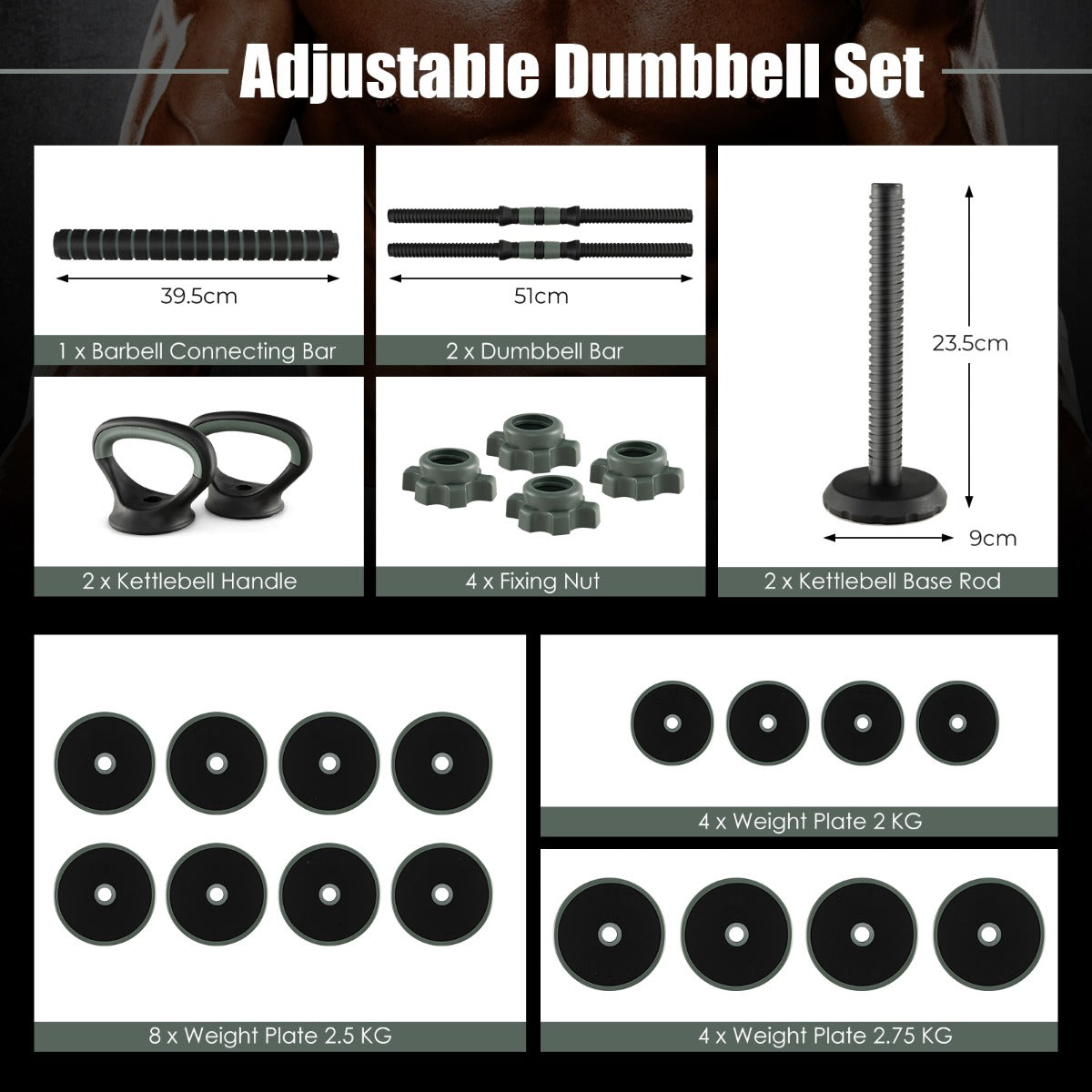 4-in-1 Weight Set with Dumbbells and Barbells for Home Gym Fitness Exercises-Black