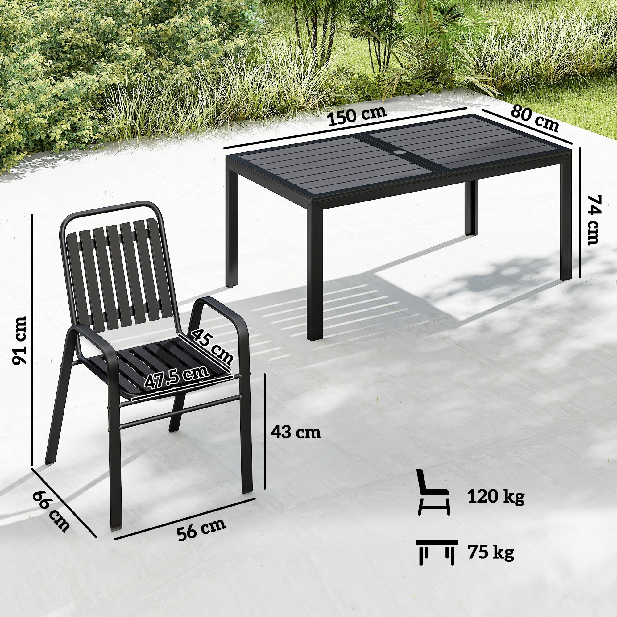 Outsunny 7 Pieces Outdoor Dining Set with Umbrella Hole, Garden Table and Chairs Set for 6 with Metal Table and Stackable Chairs