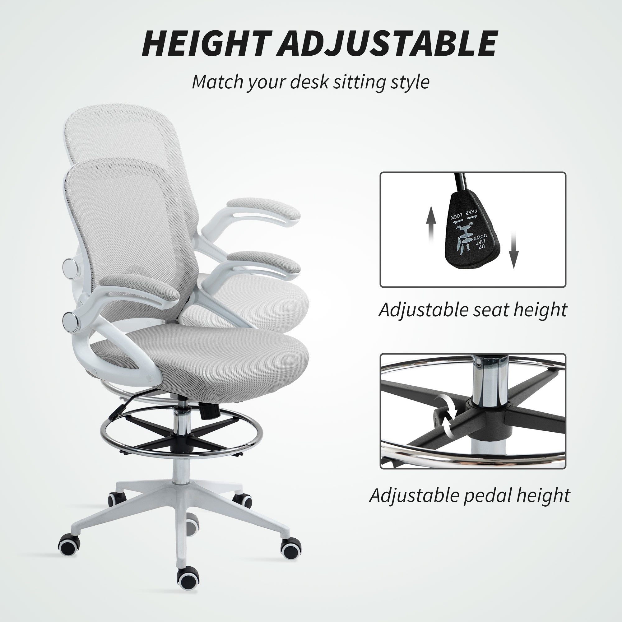 Vinsetto Drafting Chair with Flip-up Armrest, Mesh Office Stool with Foot Ring, 360 Degree Swivel Height Adjustable Chair for Standing Desk, Light Grey