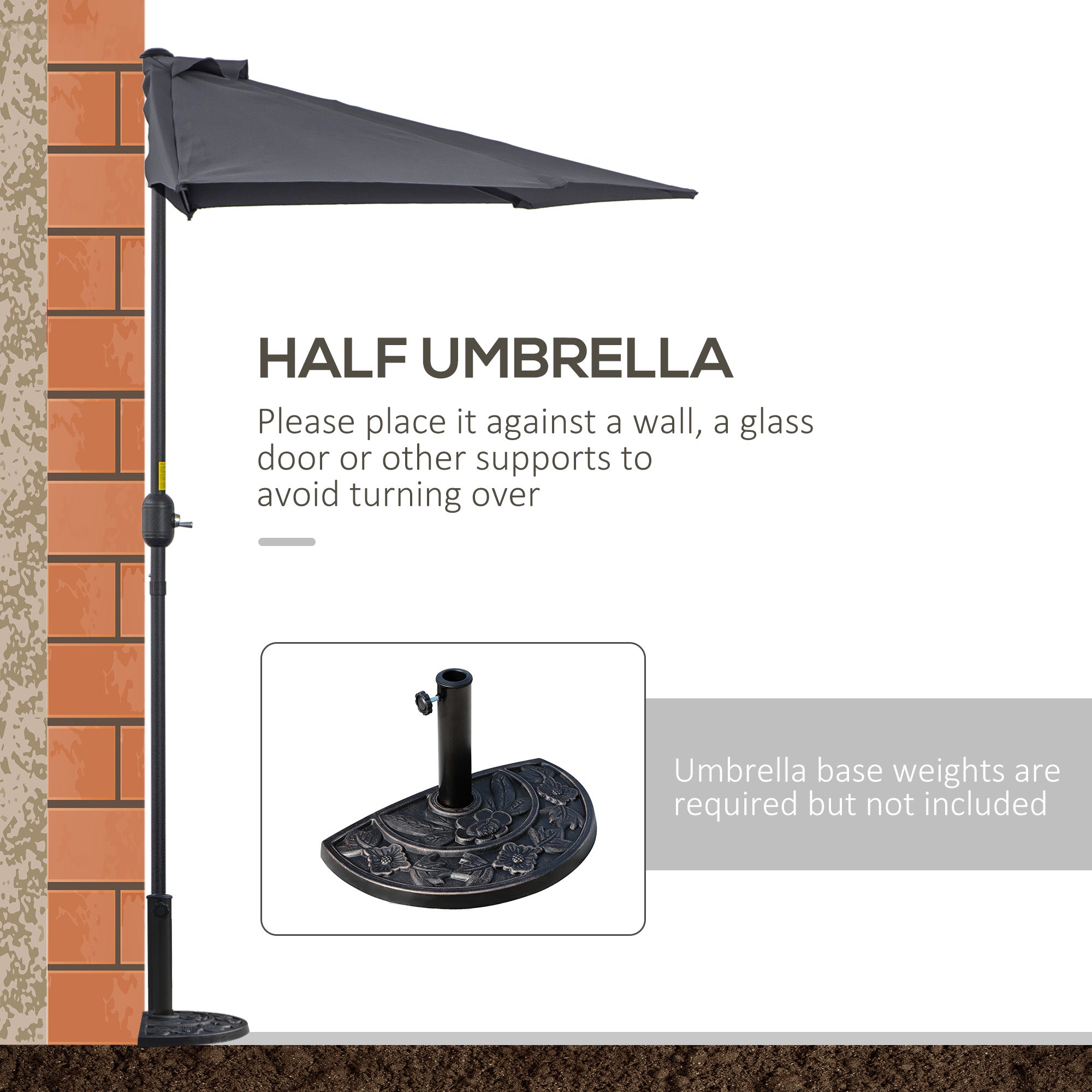 Outsunny 3(m) Half Parasol Semi Round Umbrella Patio Metal Frame Crank Handle for Balcony-- NO BASE INCLUDED, Grey