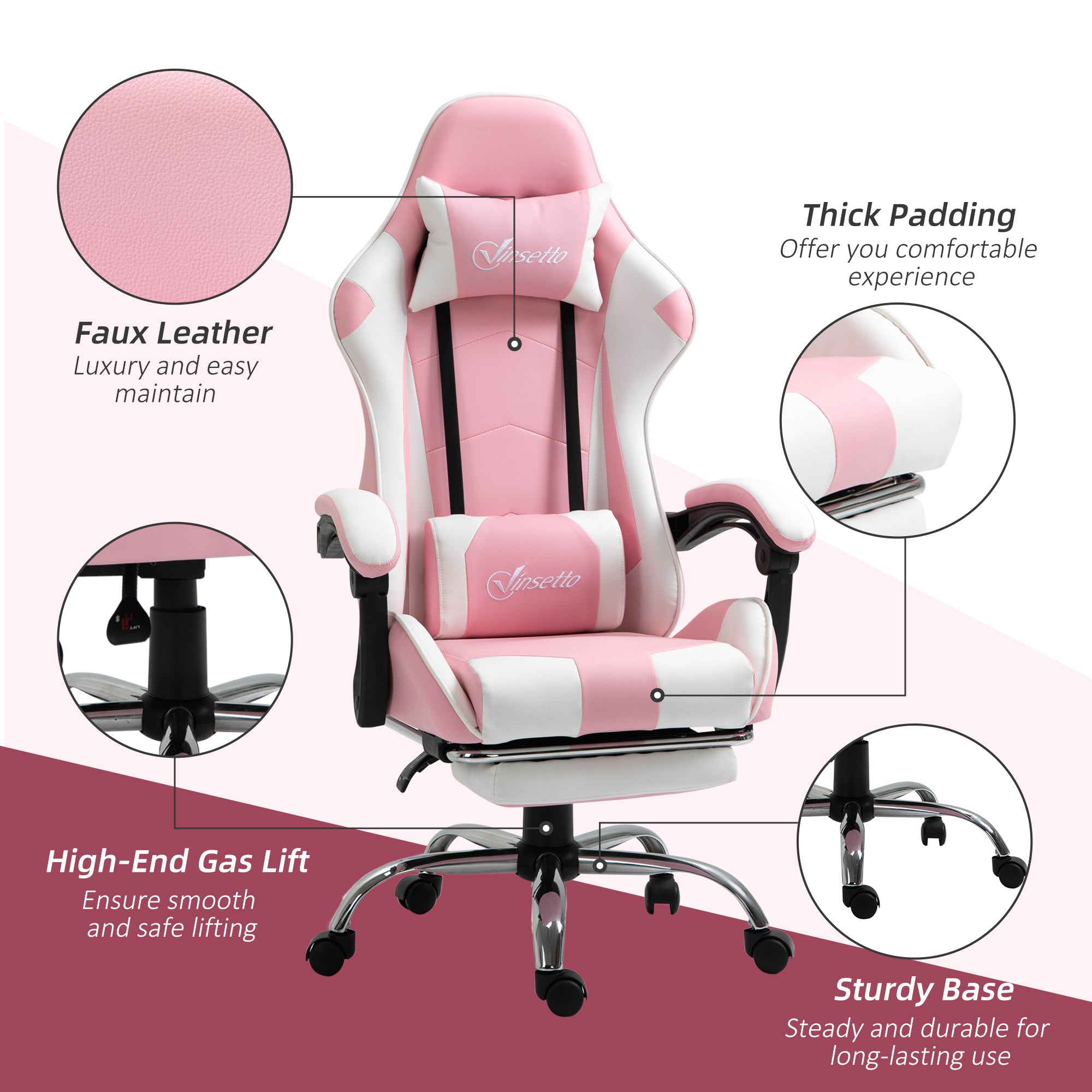 Vinsetto Ergonomic Gaming Chair, PU Leather Reclining Computer Chair with Footrest and Lumbar Support, Headrest and Adjustable Height for Adults, Pink