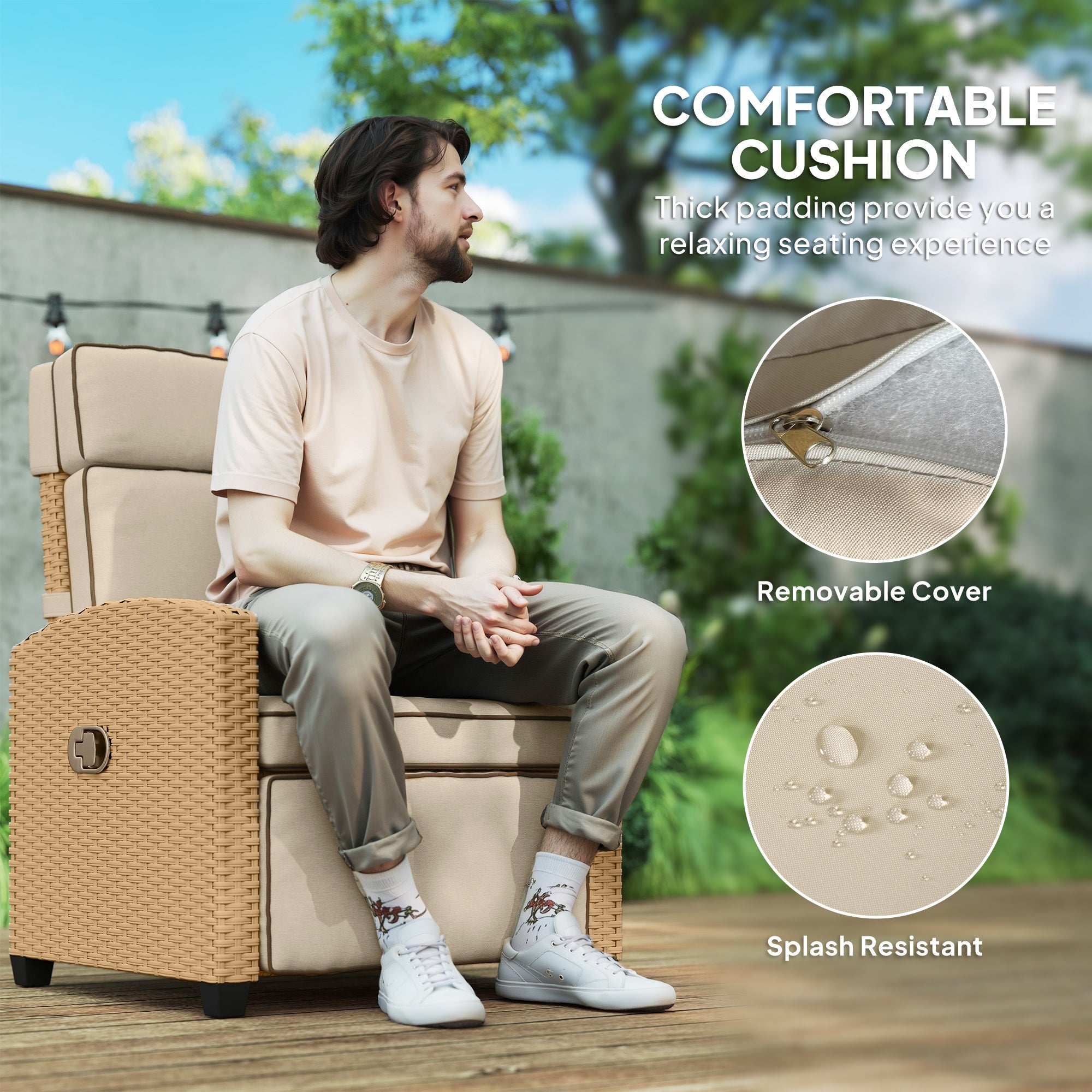 Outsunny 145√Ç¬∞ Reclining Rattan Armchair, with Footrest - Khaki/Beige