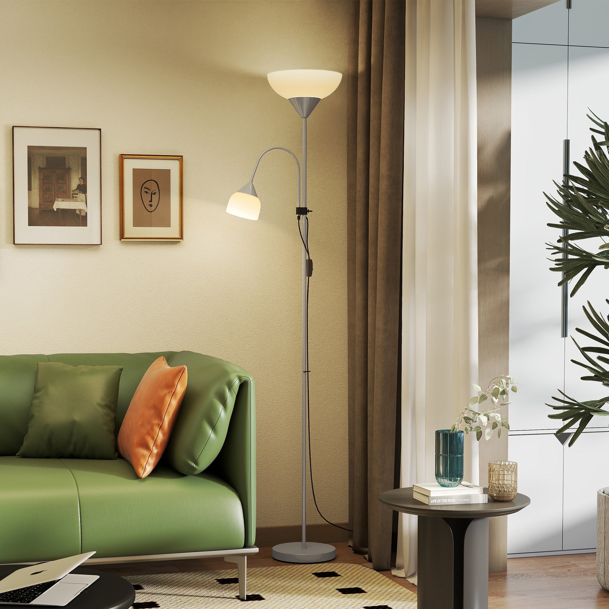 HOMCOM LED Floor Lamp for Living Room, 180cm Tall Standing Lamp, Mother and Child Uplighter with Adjustable Gooseneck, 3000K/4500K/6500K Colour Temperatures, Silver Tone