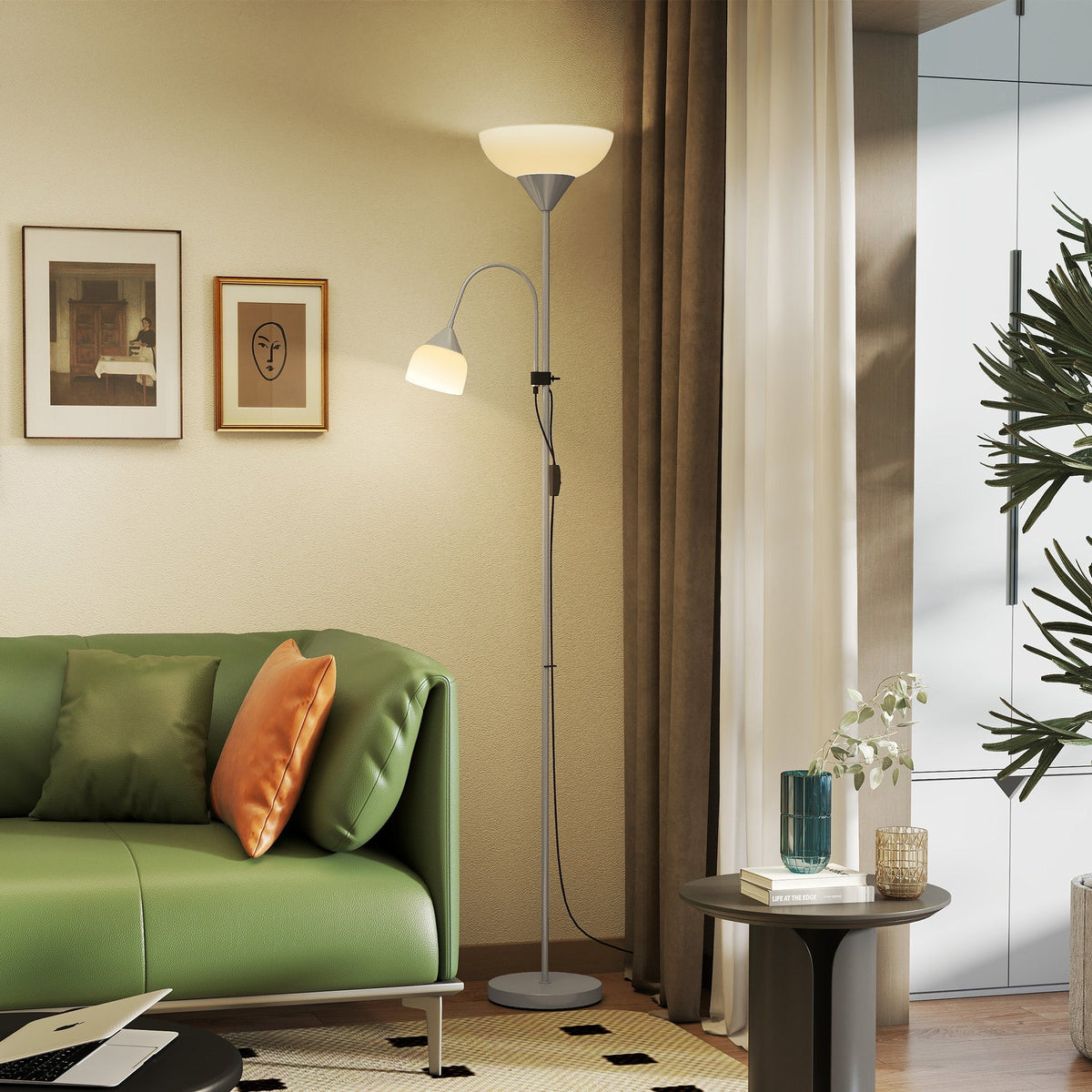 HOMCOM LED Floor Lamp for Living Room, 180cm Tall Standing Lamp, Mother and Child Uplighter with Adjustable Gooseneck, 3000K/4500K/6500K Colour Temperatures, Silver Tone