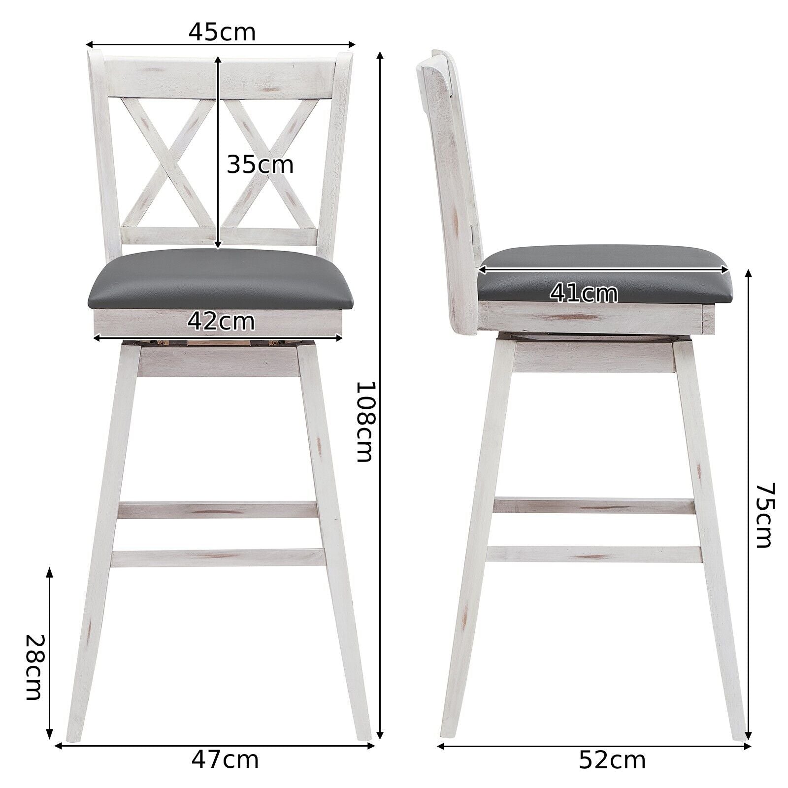 Set of 2 Counter Height Bar Stool with Foot Rest Upholstered Cushion-White