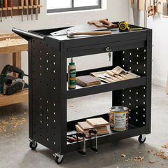 HOMCOM Tool Cart with Lockable Wheels, Rolling Workshop Cart with 3-Tier Trays, Drawer, Pegboards, Black - product image 3