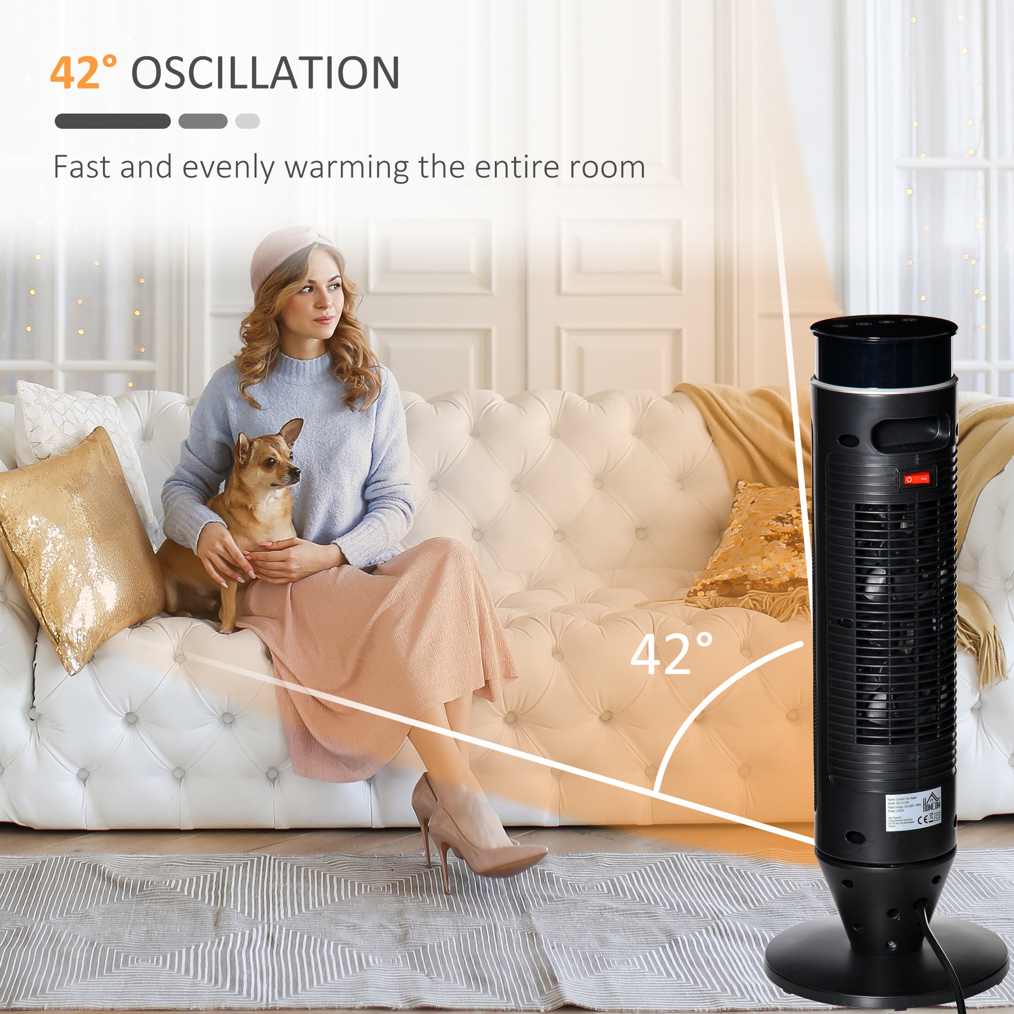 HOMCOM 21 Inch Space Heater, 1000W/2000W Ceramic Electric Heater and Fan, Overheating & Tip-Over Protection, 8H Timer, 42√Ç¬∞ Oscillation, Portable Heater for Home