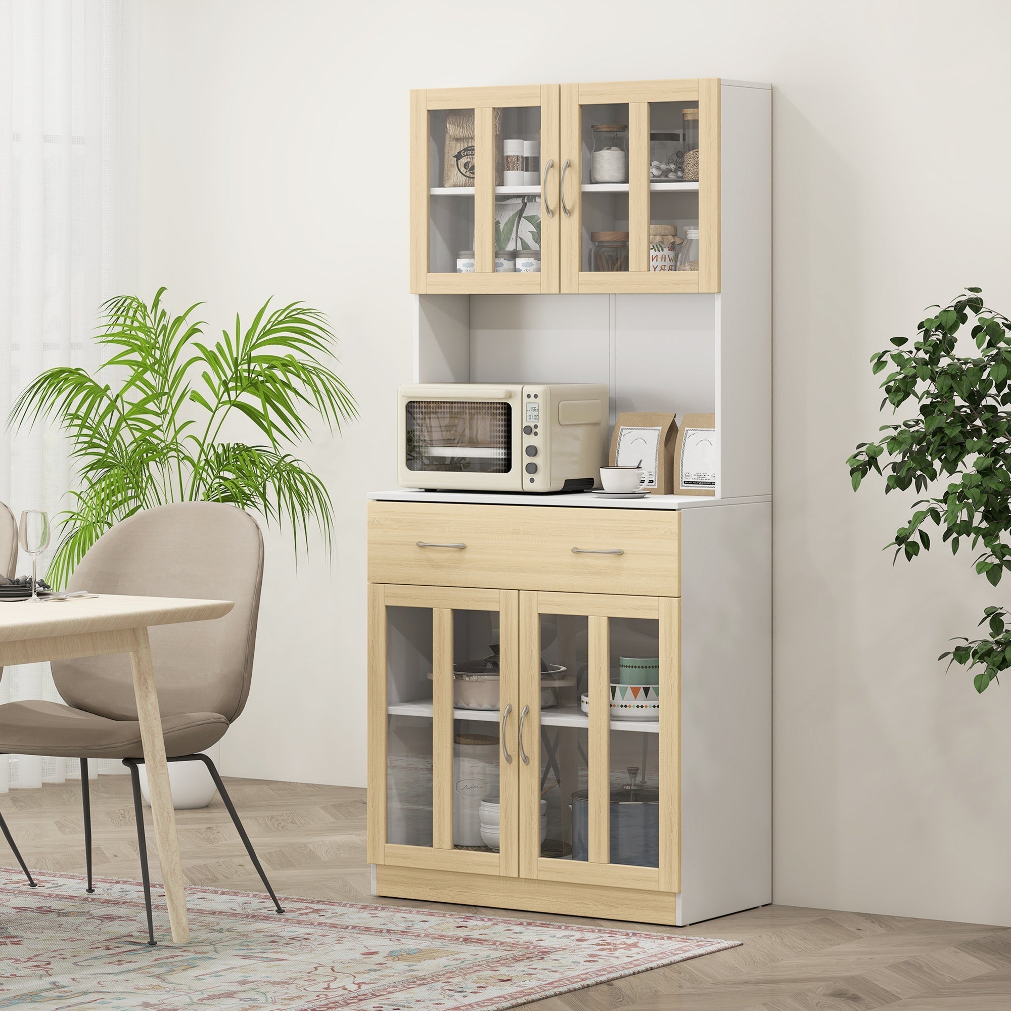 HOMCOM Modern Kitchen Cupboard, Freestanding Storage Cabinet Hutch with Central Drawer, 2 Glass Door Cabinets and Countertop, 180cm