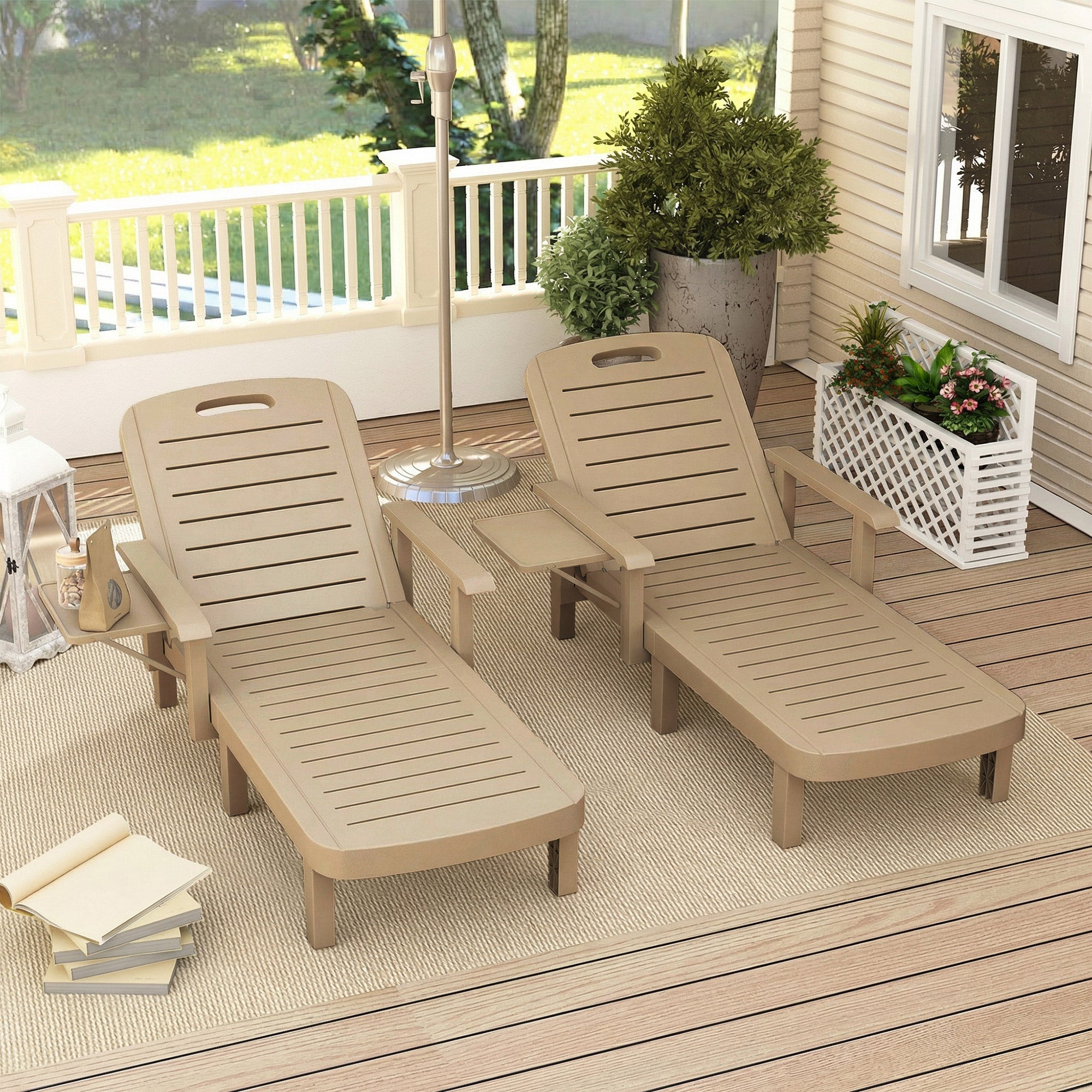 Outsunny Set of 2 Reclining Sun Loungers, 5 Positions Adjustable Outdoor Chaise Lounge Chair with Armrests, Khaki