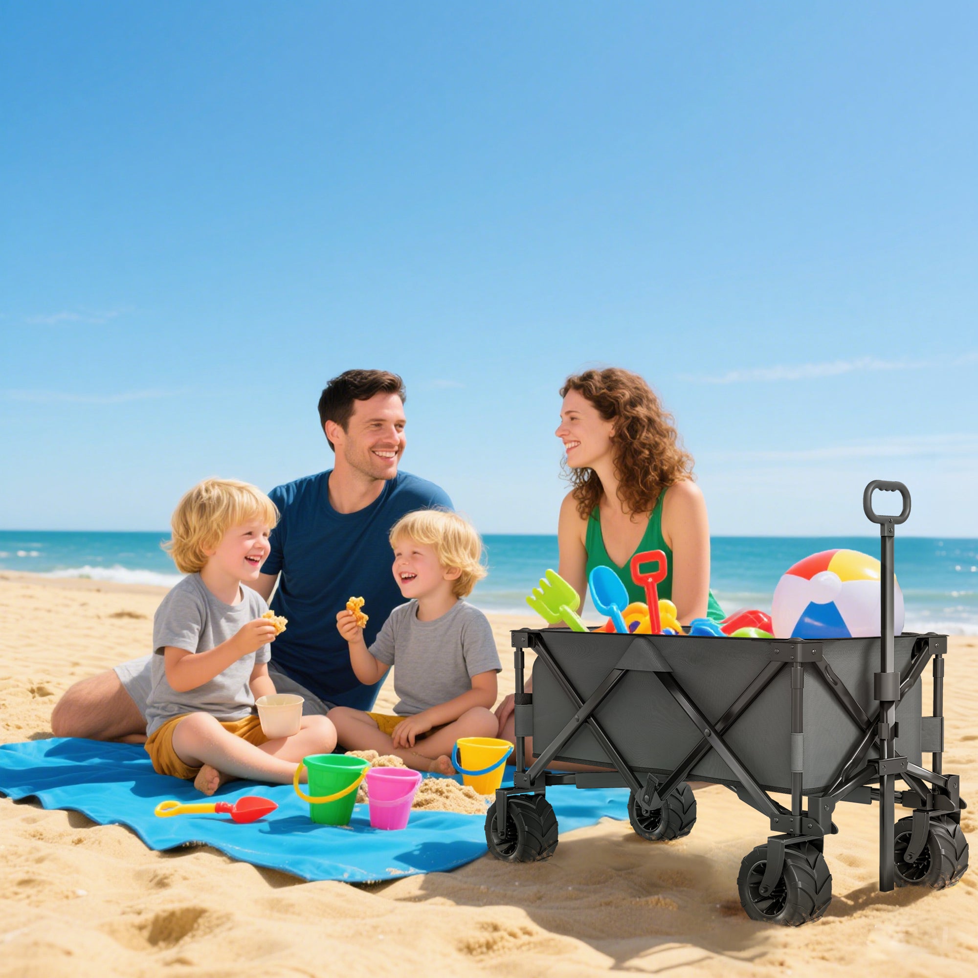 Outsunny Outdoor Pull Along Cart Folding Cargo Wagon Trailer Trolley for Beach Garden with Handle, Anti-Slip Wheel - Dark Grey