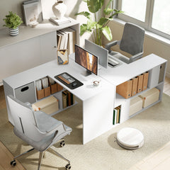 HOMCOM L Shaped Computer Desk, 110 x 100cm Reversible Corner Desk with Fabric Drawer and Storage Shelves, White