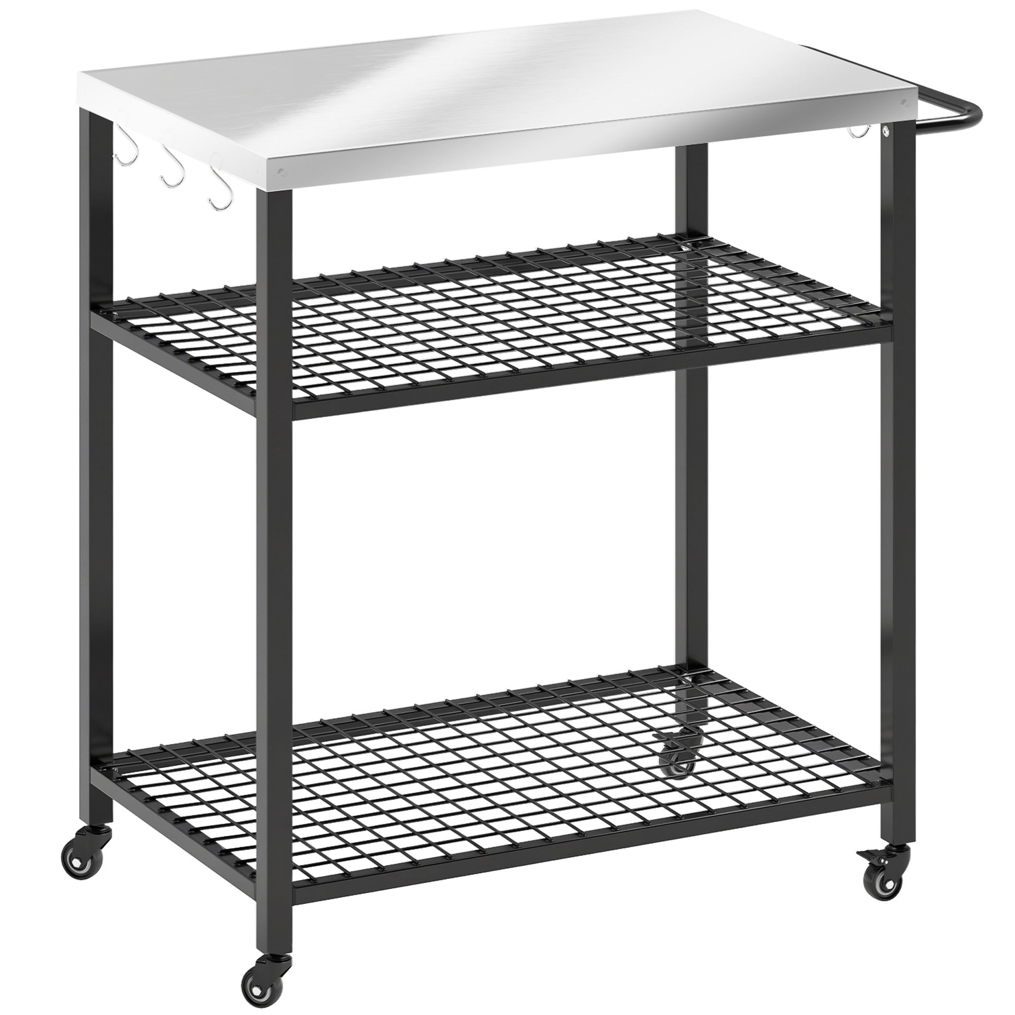 Outsunny Outdoor Grill Cart with Stainless Steel Tabletop, 3-Tier Pizza Oven Stand with 2 Shelves, 6 Hooks, Wheels, Black