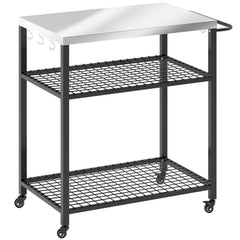 Outsunny Outdoor Grill Cart with Stainless Steel Tabletop, 3-Tier Pizza Oven Stand with 2 Shelves, 6 Hooks, Wheels, Black