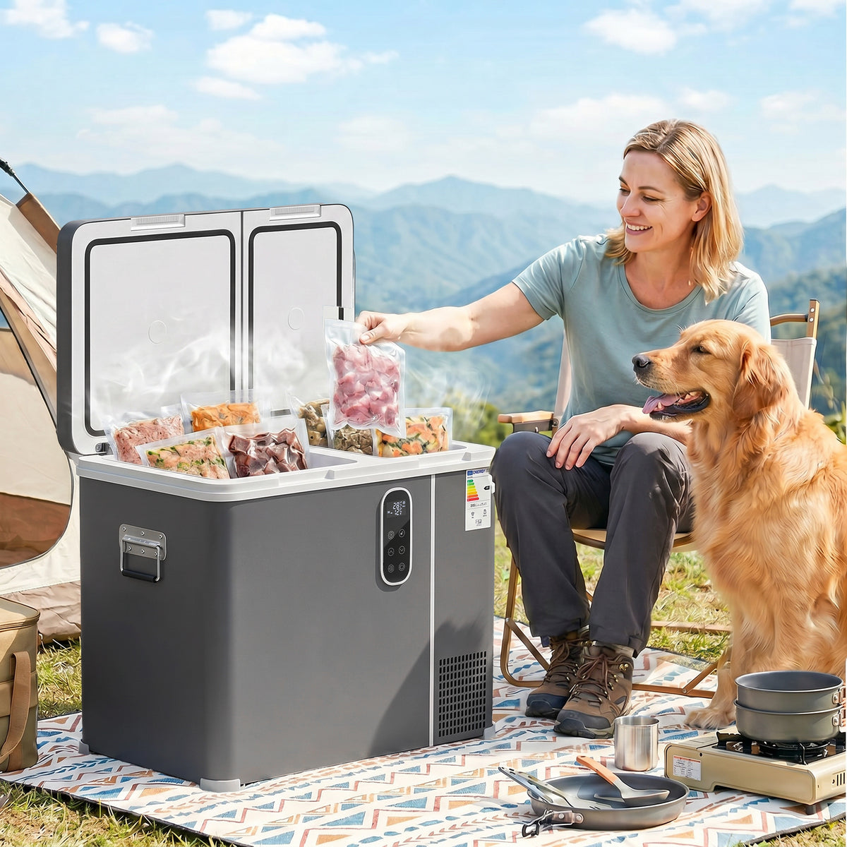 Outsunny 55L Compressor Car Fridge Freezer, Dual Zone Camping Refrigerator with App Control, Grey